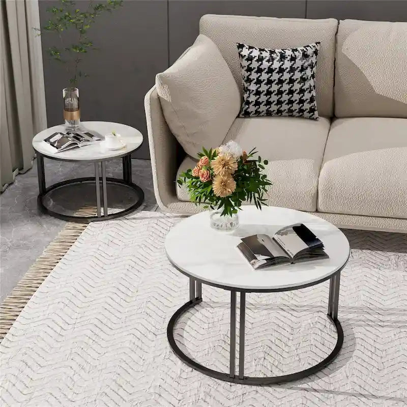Tables basses gigognes rondes avec plateau en pierre frittée, lot de 2