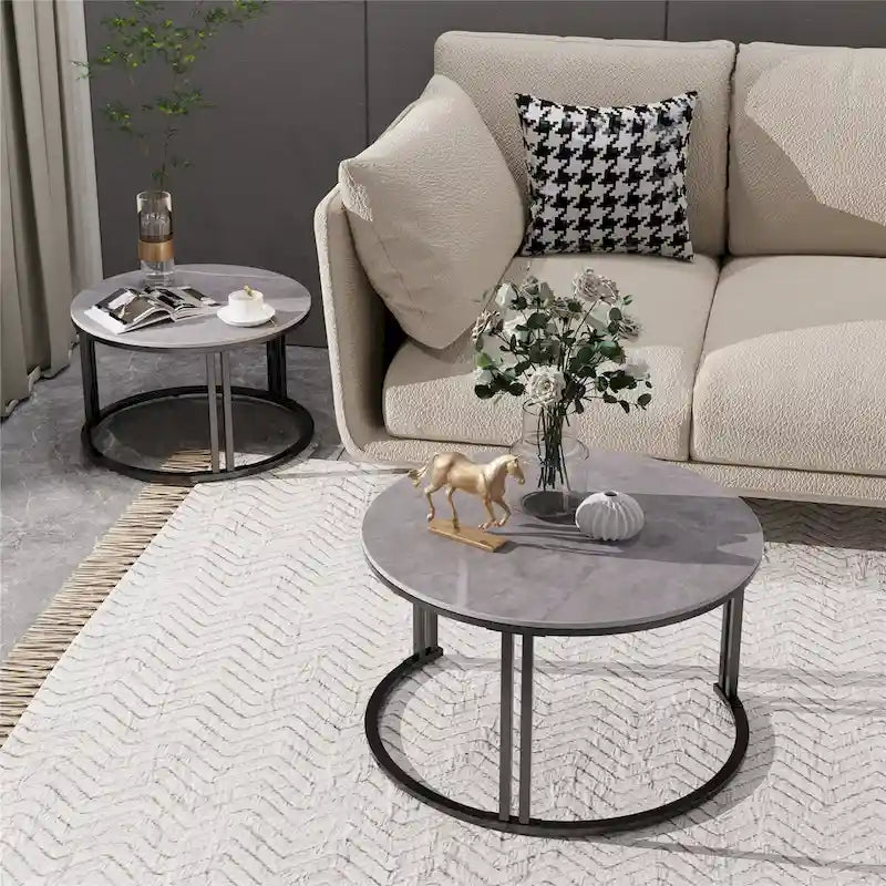 Tables basses gigognes rondes avec plateau en pierre frittée, lot de 2