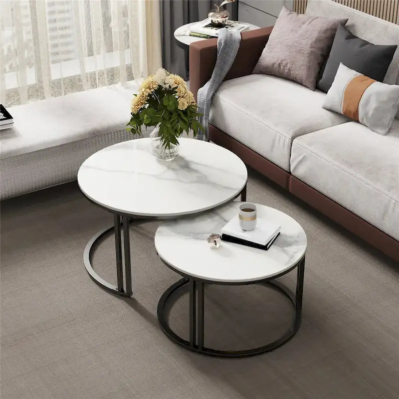 Tables basses gigognes rondes avec plateau en pierre frittée, lot de 2