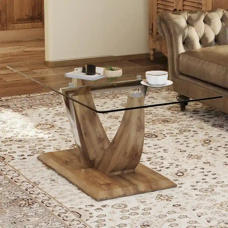 Table basse en verre trempé avec pieds en MDF effet bois et colonnes en acier