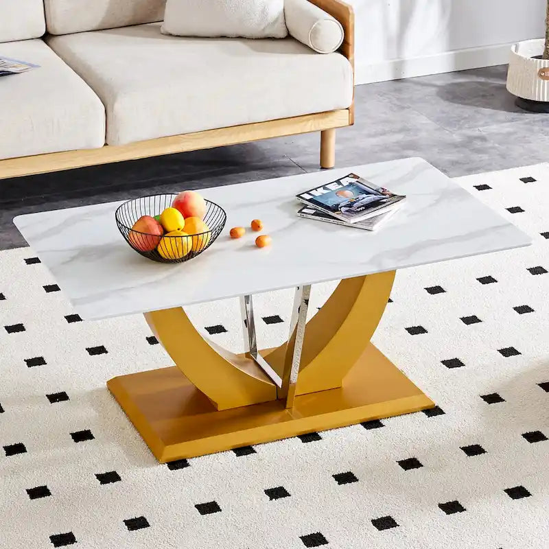 Table basse en verre trempé avec pieds en MDF effet bois et colonnes en acier