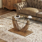 Table basse en verre trempé avec pieds en MDF effet bois et colonnes en acier
