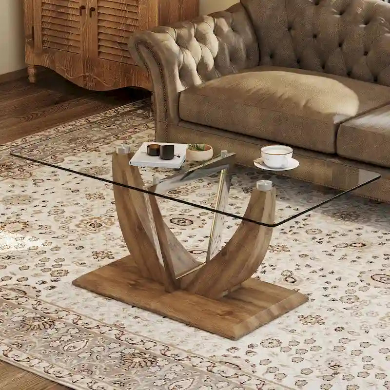 Table basse en verre trempé avec pieds en MDF effet bois et colonnes en acier
