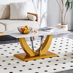 Table basse en verre trempé avec pieds en MDF effet bois et colonnes en acier