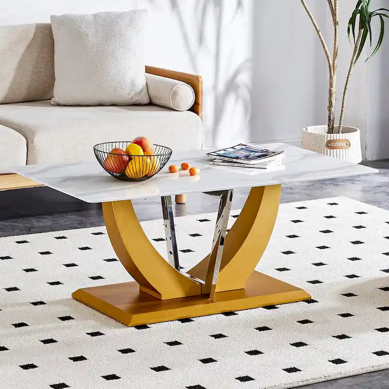 Table basse en verre trempé avec pieds en MDF effet bois et colonnes en acier