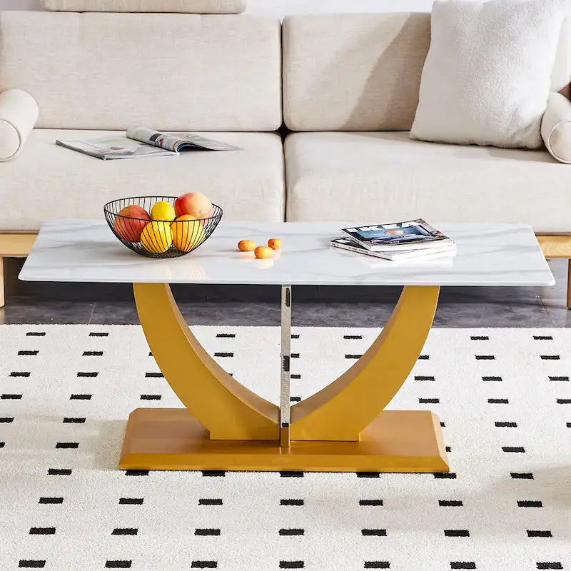 Table basse en verre trempé avec pieds en MDF effet bois et colonnes en acier