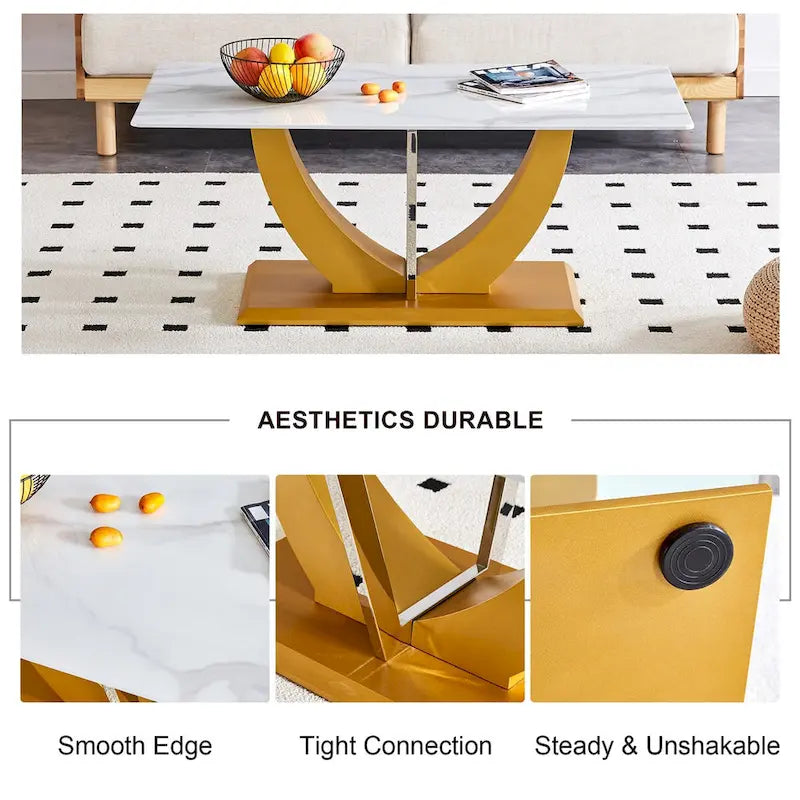 Table basse en verre trempé avec pieds en MDF effet bois et colonnes en acier