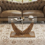 Table basse en verre trempé avec pieds en MDF effet bois et colonnes en acier