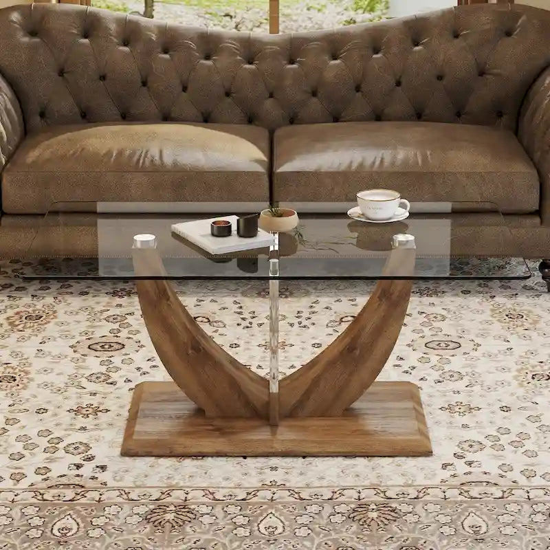 Table basse en verre trempé avec pieds en MDF effet bois et colonnes en acier
