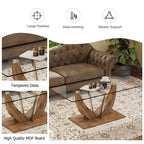 Table basse en verre trempé avec pieds en MDF effet bois et colonnes en acier