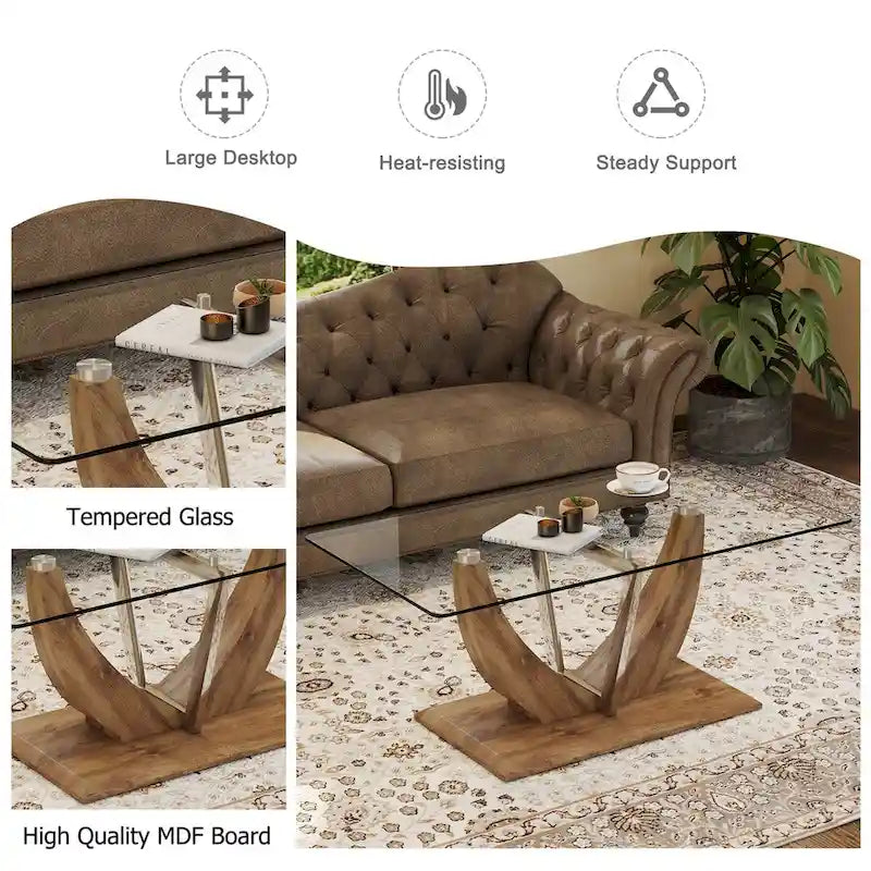 Table basse en verre trempé avec pieds en MDF effet bois et colonnes en acier