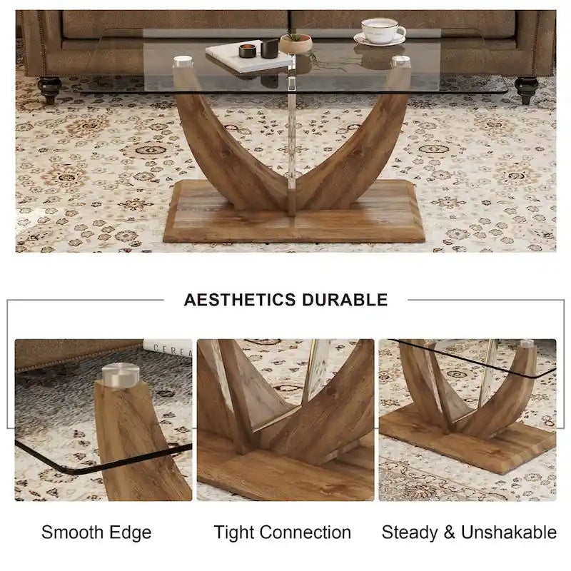 Table basse en verre trempé avec pieds en MDF effet bois et colonnes en acier