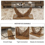 Table basse en verre trempé avec pieds en MDF effet bois et colonnes en acier