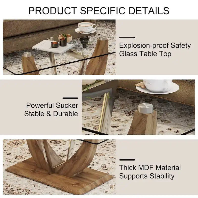 Table basse en verre trempé avec pieds en MDF effet bois et colonnes en acier