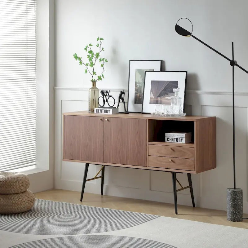 Buffet bahut en bois avec étagères ouvertes, style Mid-Century Modern