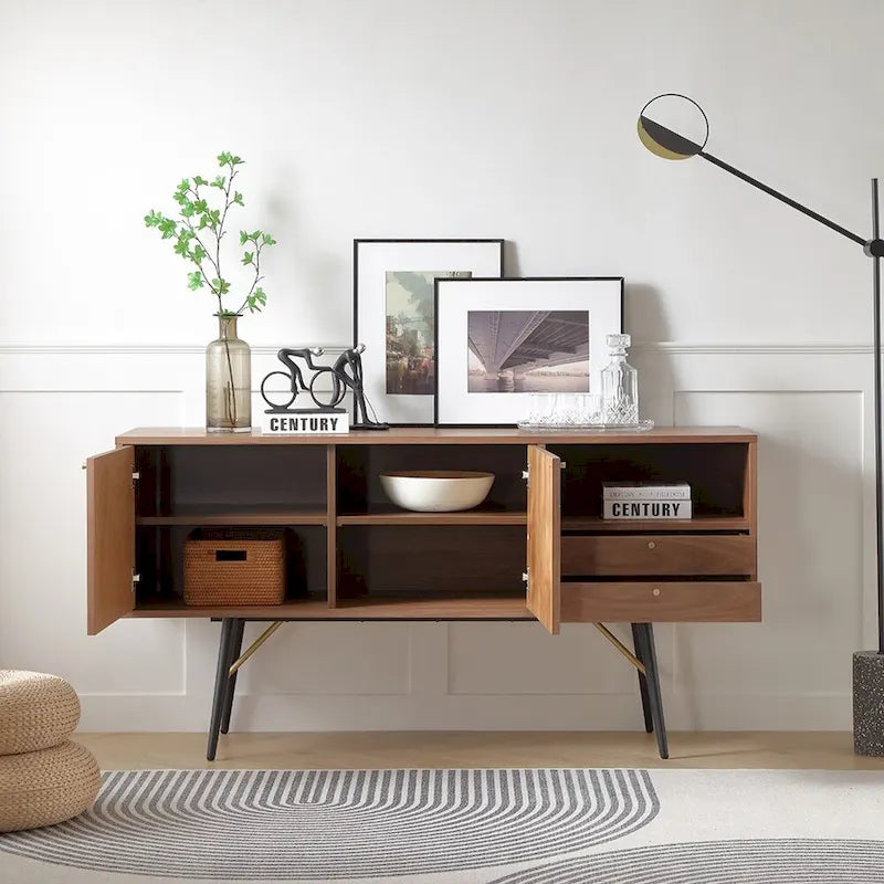 Buffet bahut en bois avec étagères ouvertes, style Mid-Century Modern