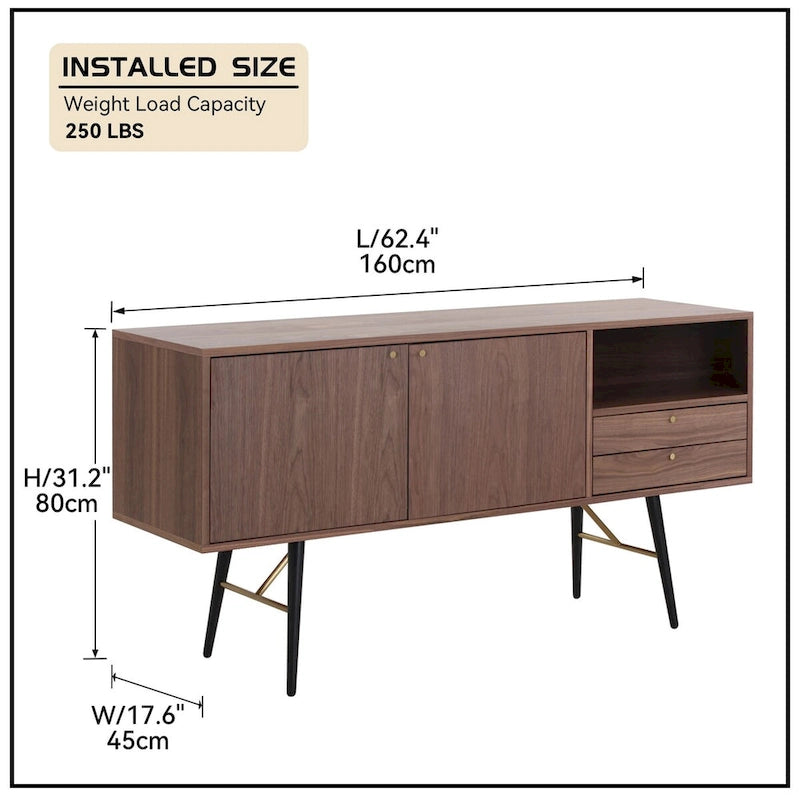 Buffet bahut en bois avec étagères ouvertes, style Mid-Century Modern