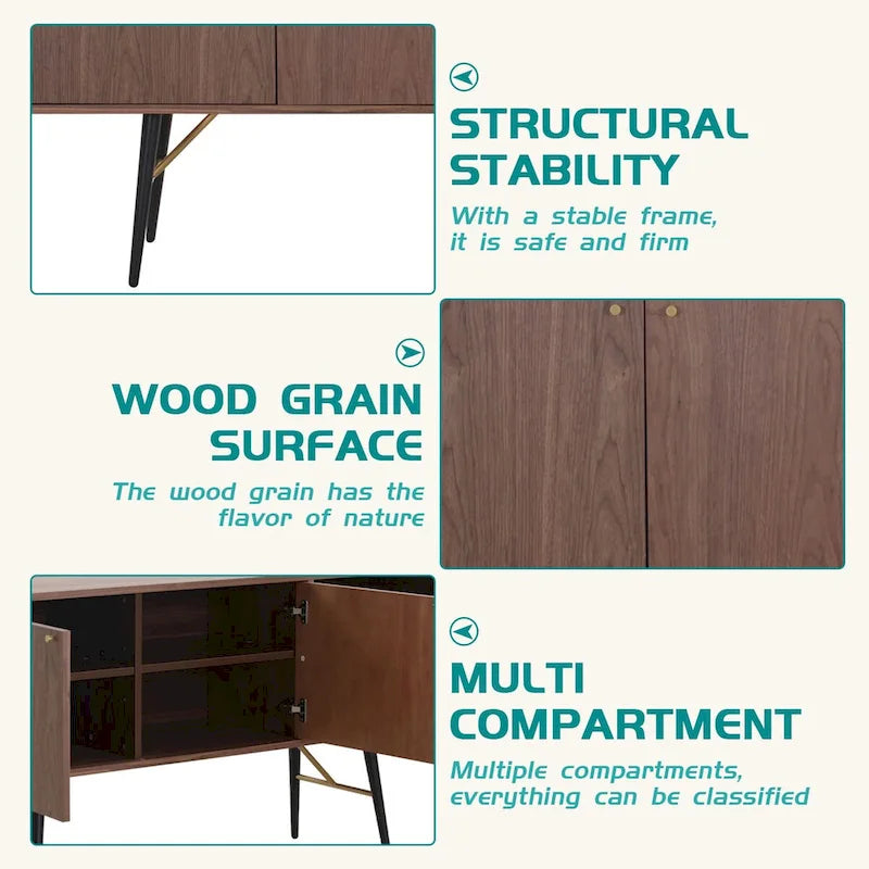 Buffet bahut en bois avec étagères ouvertes, style Mid-Century Modern