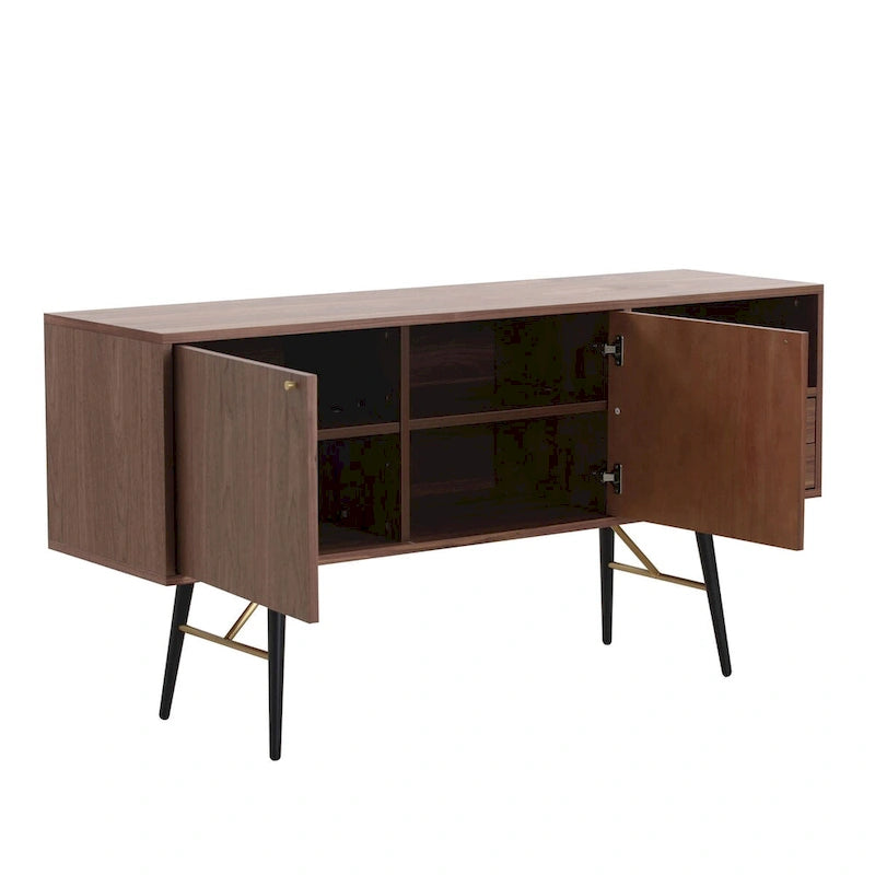 Buffet bahut en bois avec étagères ouvertes, style Mid-Century Modern