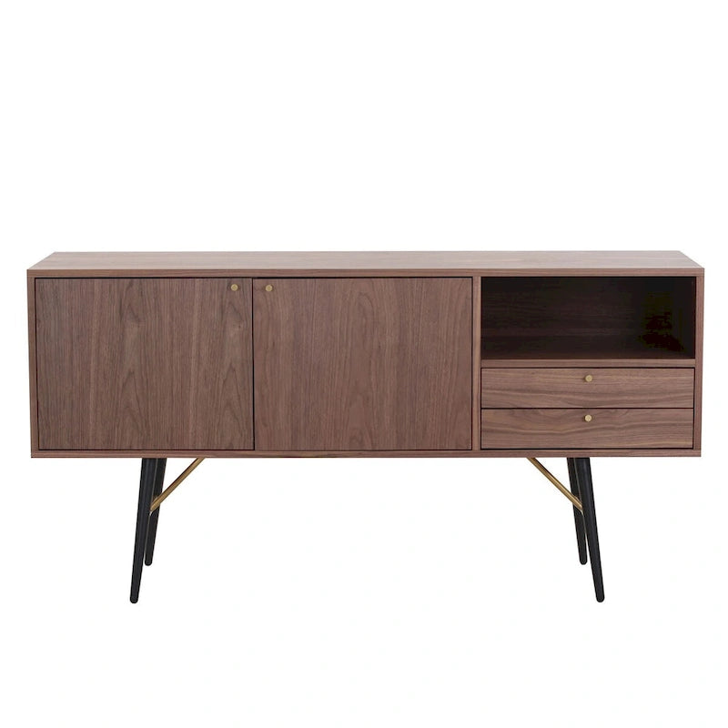 Buffet bahut en bois avec étagères ouvertes, style Mid-Century Modern