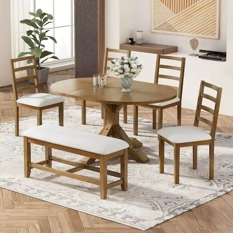 Ensemble de salle à manger 6 pièces de style rustique pour 6 personnes avec table ovale extensible
