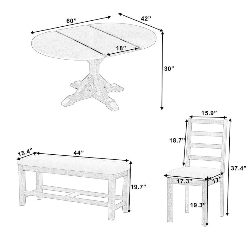 Ensemble de salle à manger 6 pièces de style rustique pour 6 personnes avec table ovale extensible