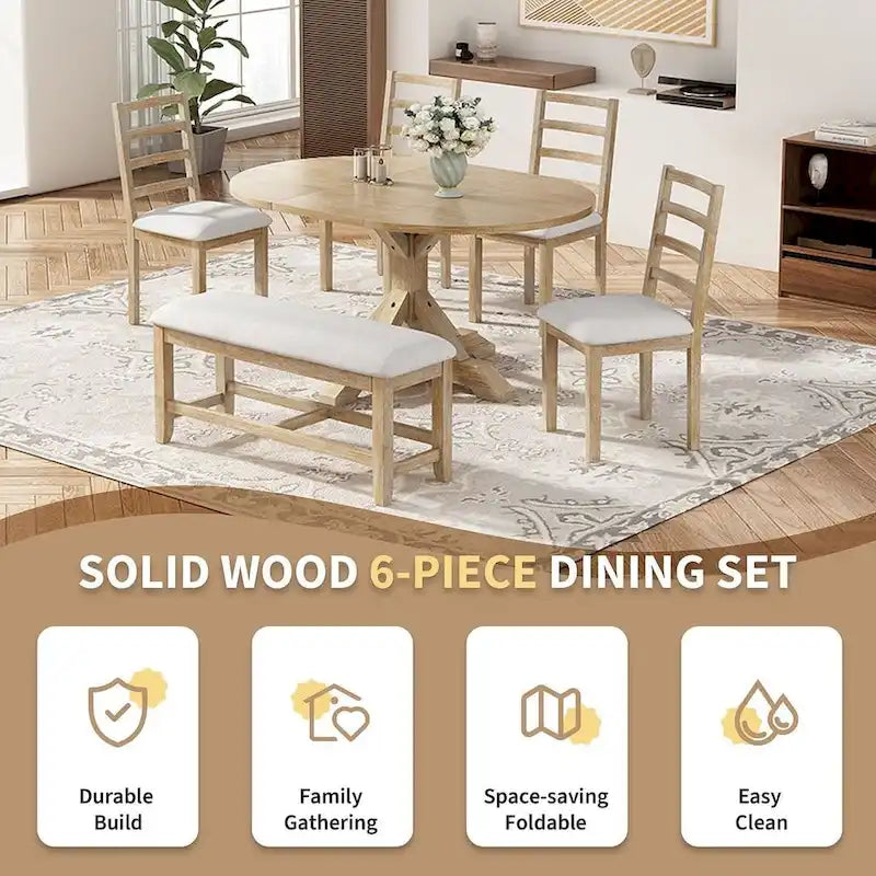 Ensemble de salle à manger 6 pièces de style rustique pour 6 personnes avec table ovale extensible