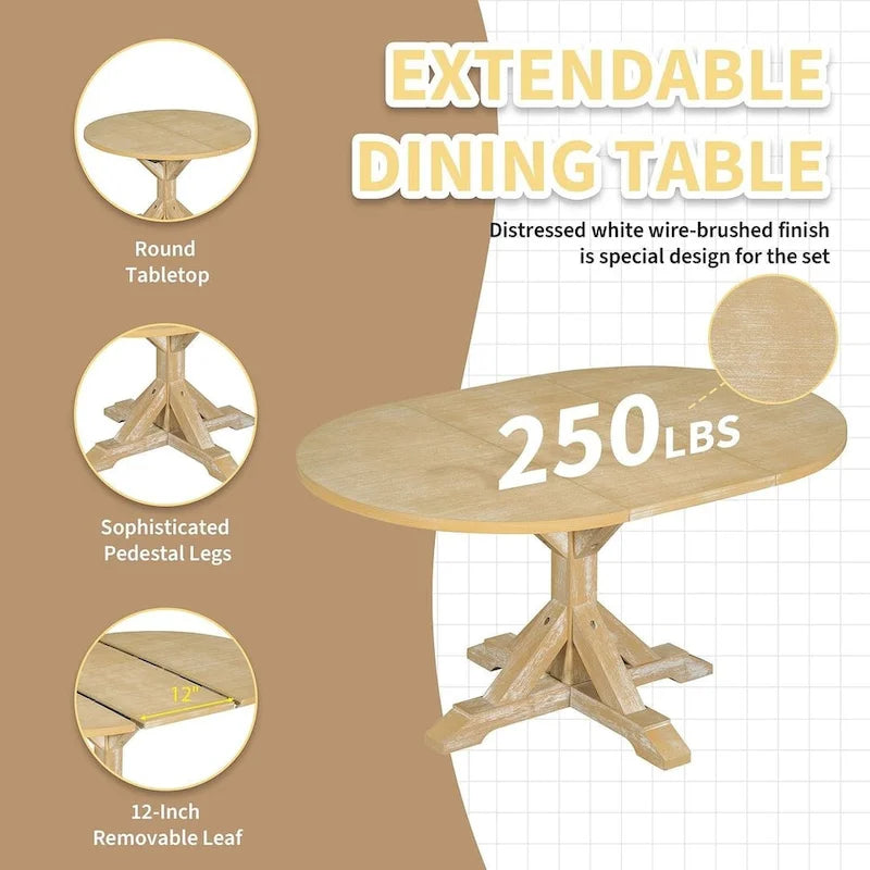 Ensemble de salle à manger 6 pièces de style rustique pour 6 personnes avec table ovale extensible