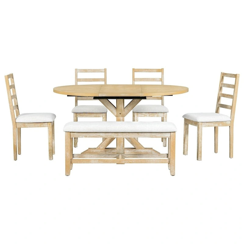 Ensemble de salle à manger 6 pièces de style rustique pour 6 personnes avec table ovale extensible