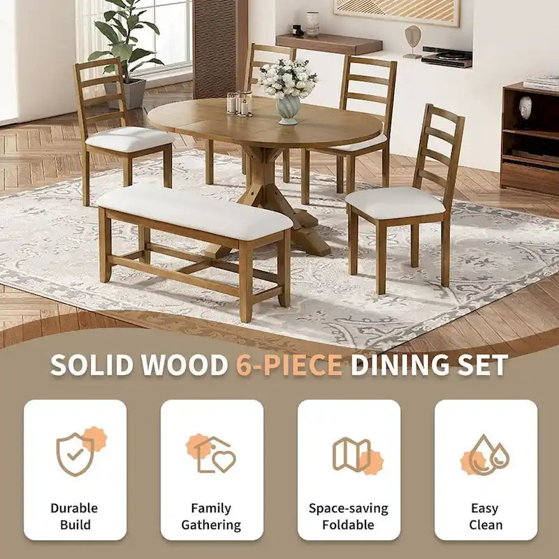 Ensemble de salle à manger 6 pièces de style rustique pour 6 personnes avec table ovale extensible