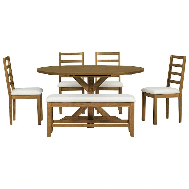 Ensemble de salle à manger 6 pièces de style rustique pour 6 personnes avec table ovale extensible