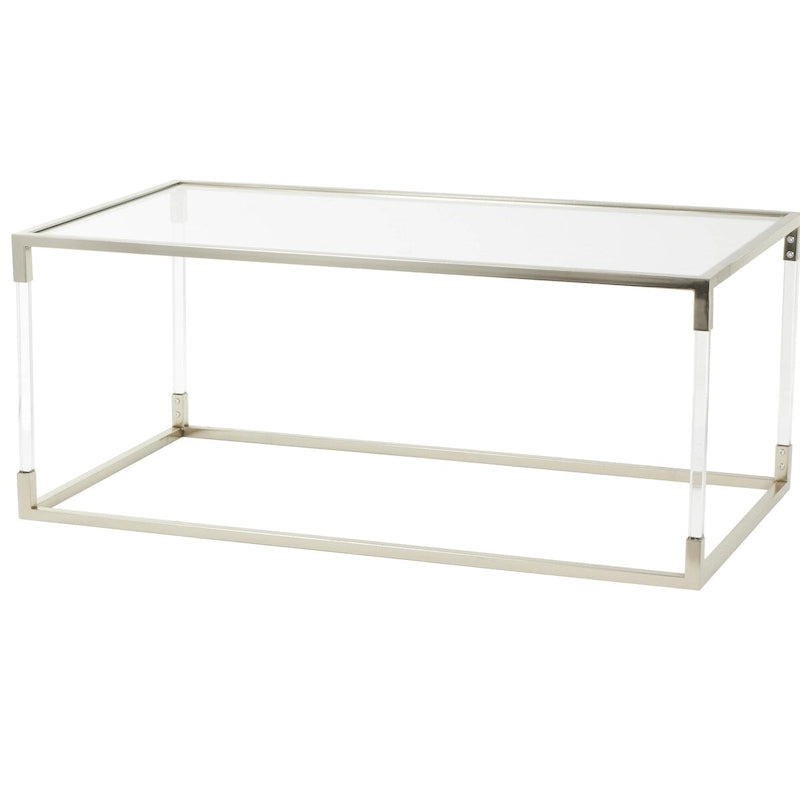 Table basse avec plateau en verre et pieds en acrylique ou cadre en métal argenté